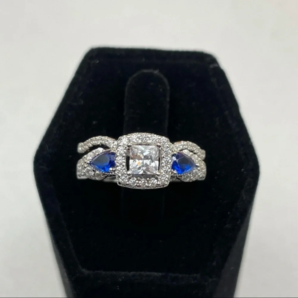 925 Sterling Silver‎ Diamond Sapphire 2 Band Wedding Bridal Engagement Ri…